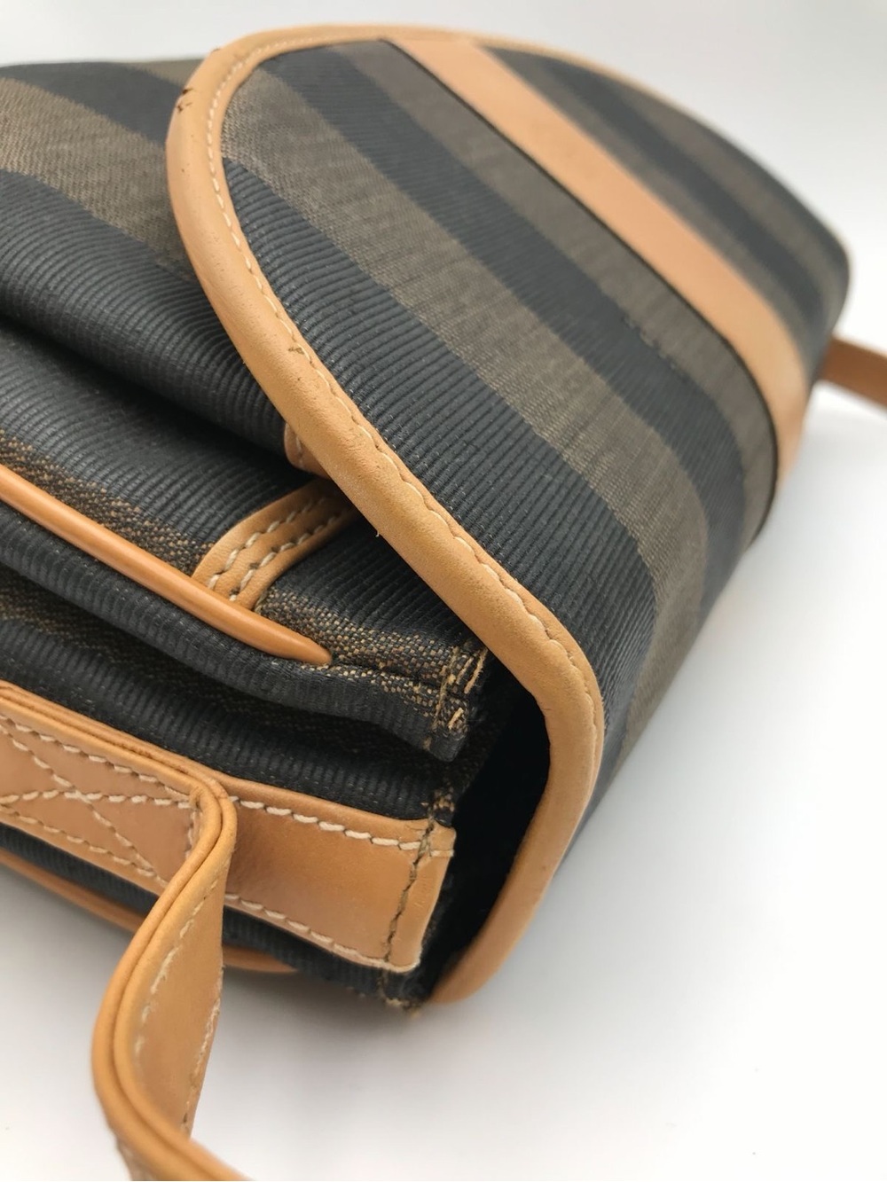 Fendi Pequin Stripe Crossbody Bag Vintage Brown Black Canvas Leather Flap Purse - Picture 8 of 14